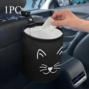1pc Cat Design Car Trash Can - Printed with Mesh Pockets |   Foldable Organizer for Cars/Home/Office, Universal Fit with Adjustable Strap (Anime Style), Car Interior Accessories Storage Bag Foldable Trash Containe, Car Bin Holder, Car Rubbish Bin Bling