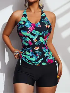 Zaful Women's Floral Print Two-Piece Swimsuit Set, Tankini Swimsuits Women, Fitted Swimming Vest with Triangle Shorts, Elegant Swimwear for Summer