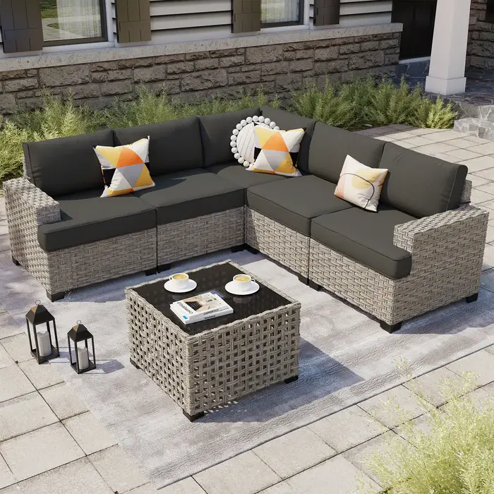 【Black Friday & Cyber Monday Deal】2 Packages Shipping Ooswift 6-Piece Outdoor Sectional Patio Furniture Set with LED Light Table, 5-Seater All-Weather Wicker L-Shaped Couch with Pillows for Garden, Poolside, Backyard Nighttime Entertainment