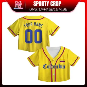 Custom Colombia Baseball Jersey Crop Top – Personalized Name & Number, Yellow Red Flag Sleeve Custom Fan Jersey for Women