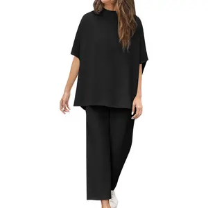 Imily Bela Women's Two Piece Outfits Crew Neck Pullover Tops 3/4 Batwing Sleeve Capelet Wide Leg Pants Casual Lounge Set