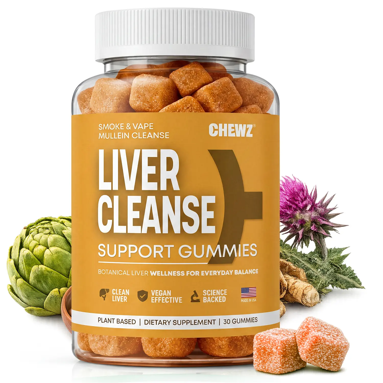 CHEWZ Liver Wellness & Daily Support Gummies — Milk Thistle + Dandelion + Botanical Blend, Vegan Tangy Citrus, 30 Count