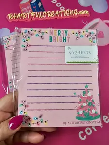 Merry & Bright Christmas Notepad – 50-Page Holiday Notepad | Pink Christmas Tree Notepad | Cute Christmas List Pad | Handmade Stationery by RH Artful Creations