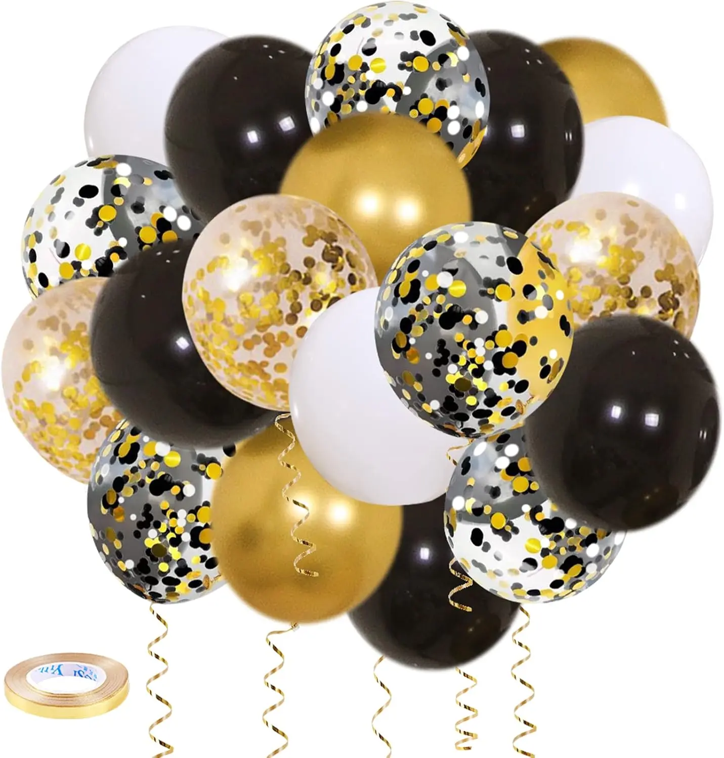 12-Inch Round Shiny Metallic Polka Dot Rubber Confetti Balloon Kit - 50-Pack with Curling Ribbons & Pump, Black/Gold/White, for Photo Decorating, Anniversary & Party Decor, Backdrop