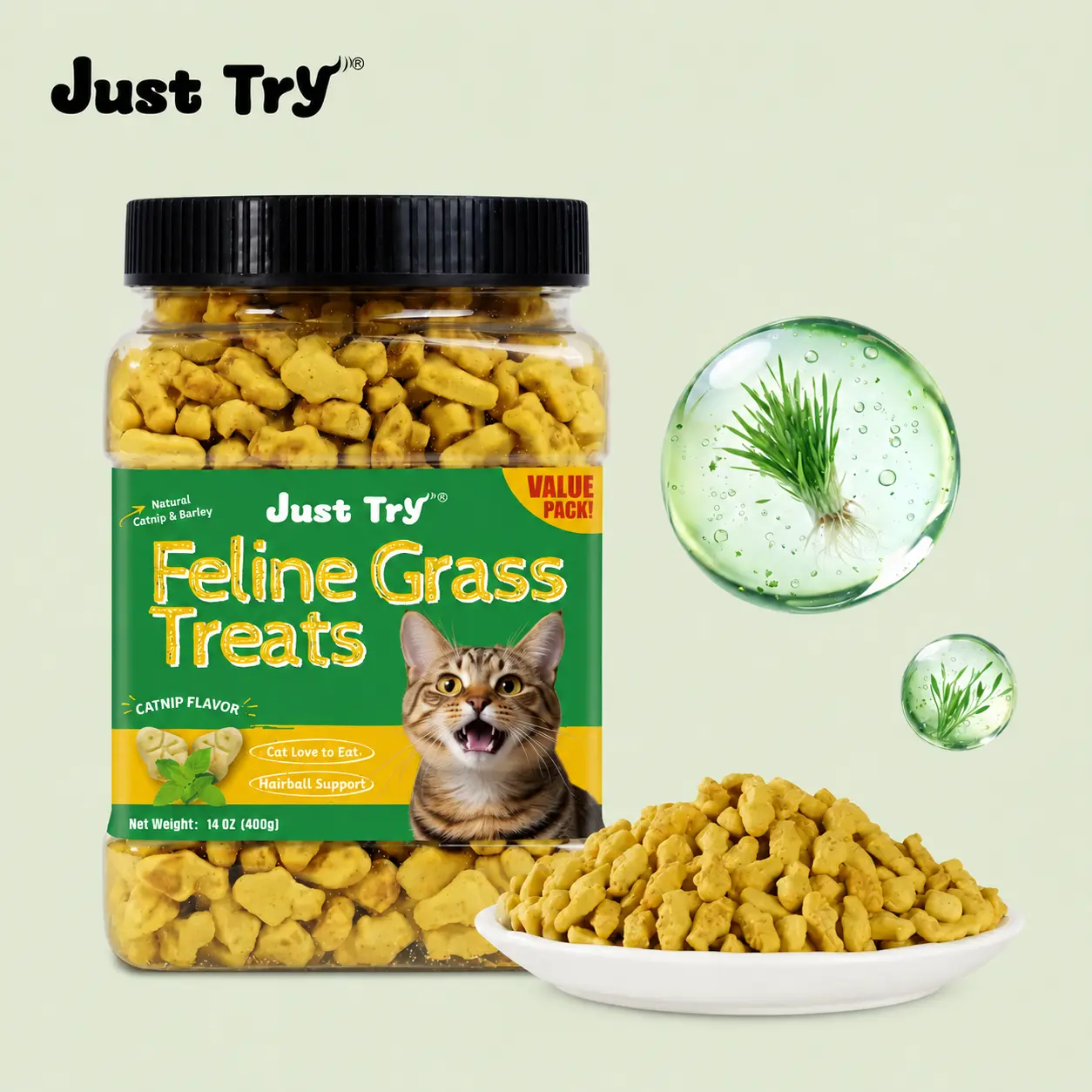 Just Try Cat Treats for Indoor Cats Hairball Control Natural Salmon Healthy Cat Grass Treats Kitten Snacks Training Biscuits Catnip for Cats Dental Care 14.1 OZ