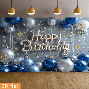 2D Flat Banner Polyester Photography Backdrop, HD Digitally Printed Happy Birthday Balloons Confetti Stars Design, Soft Lightweight Foldable Background Cloth in Blue, Silver, White, Gold, and Gray for Birthday Party Decorations, P