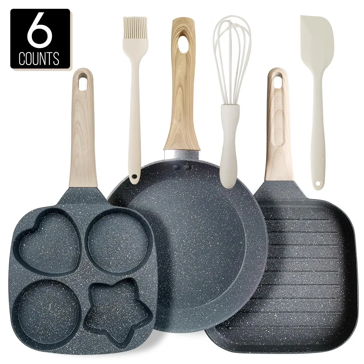 Kitchen Non-stick Frying Pan Set, Kitchen Pans, 6-piece Cookware Set Including Round, Square, 4-grid Pans & 3 Handheld Baking Utensils, Non-stick for Home Kitchen