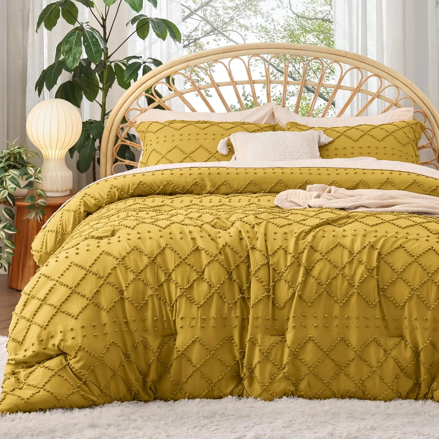 King Comforter Set - Mustard Yellow Solid Boho Tufted Breathable Polyester Microfibre Bedding, Fluffy Soft 4-Piece Shabby Chic Rustic Farmhouse Decor, All-Season Durable, 2 Pillow Shams, Machine Washable, All Seasons