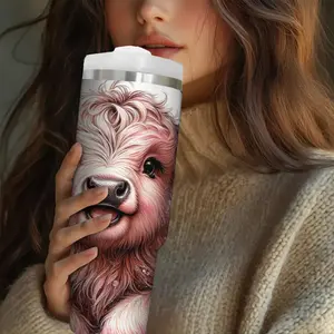 30oz Vacuum Flask, 1 Count Cute Highland Cow Pattern Stainless Steel Insulated Water Bottle with Straw & Lid, Portable Travel Drinking Cup for Outdoor, Drinkware, Stainless Steel Tumbler