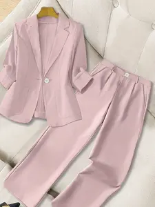 Women's two-piece pure color casual blazer lapel single-breasted mid-sleeve round arc patch pocket formal business suit jacket with high-waisted straight trousers summer, suitable for daily commuting, going to work, and playing in the street.