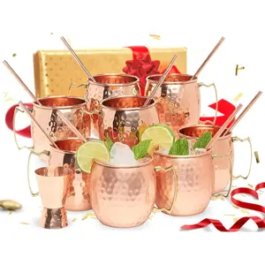 Moscow Mule Copper Mugs  Set of 8 (16oz) - Pure Copper Hammered Barrel Style Cups w/Brass Handle, -Grade Lacquered Finish, Tarnish-Resistant, Includes 8 Straws & A Jigger