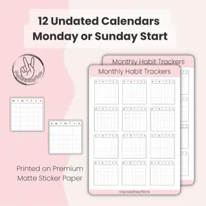 ️ 12 Undated Monthly Habit Tracker Stickers – Sunday & Monday Start | Functional Calendar Planner Stickers | KaylaAshleyPlans