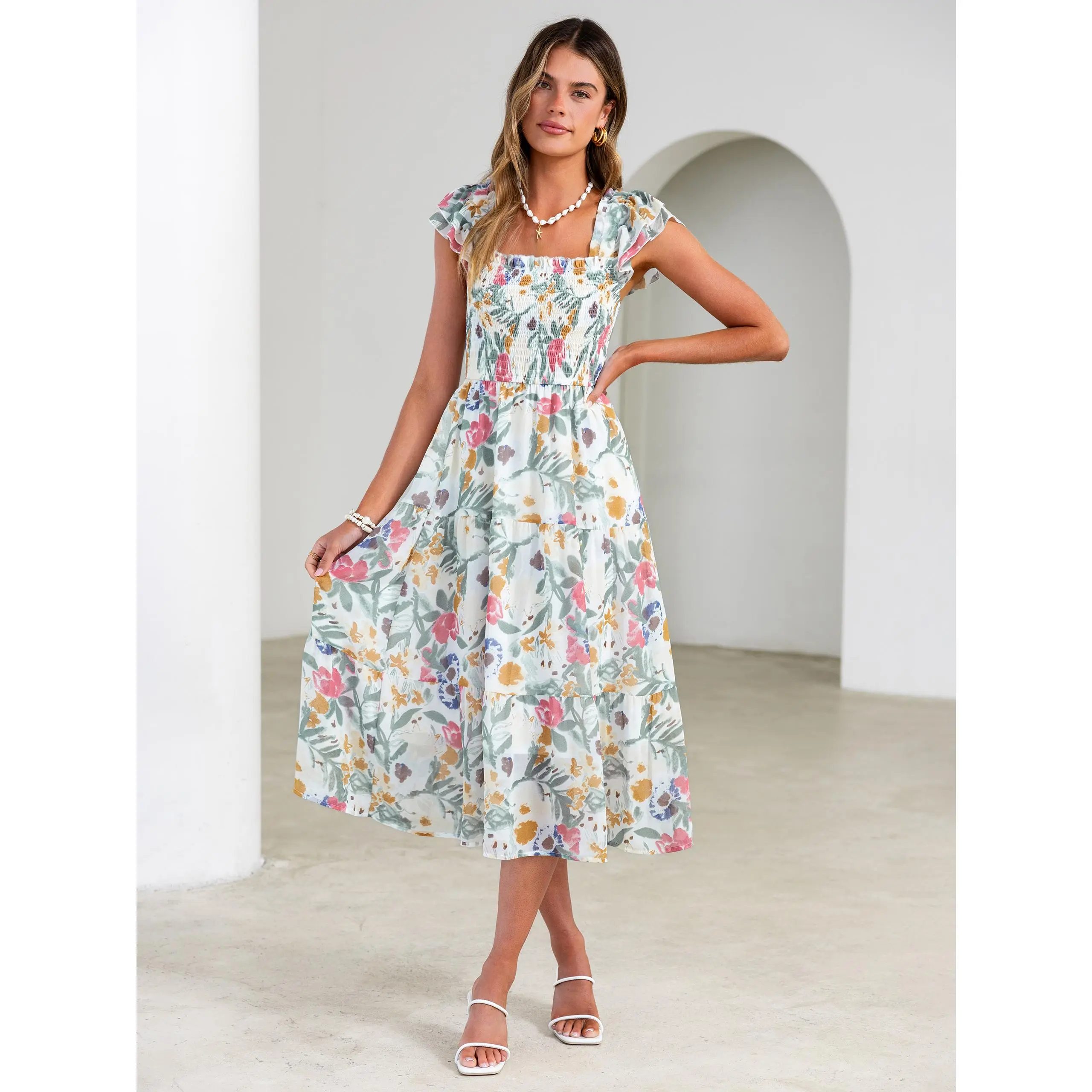 Simplee #SummerVibes Floral Maxi Dress | Flutter Sleeve Smocked Midi Dress | Casual Flowy Chiffon Boho Dress with Pockets