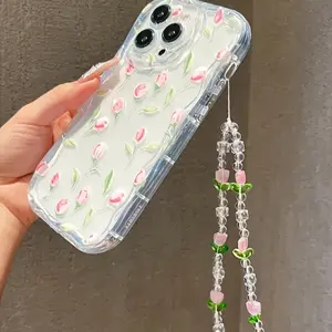 Tulip wave pattern transparent Protective phone case with chain - Protection, Shockproof, Cute & Trendy For iPhone 17 15 14 Pro Max 16 16E 12 11 Pro 7 8 Plus XR XS X SE Back Cover
