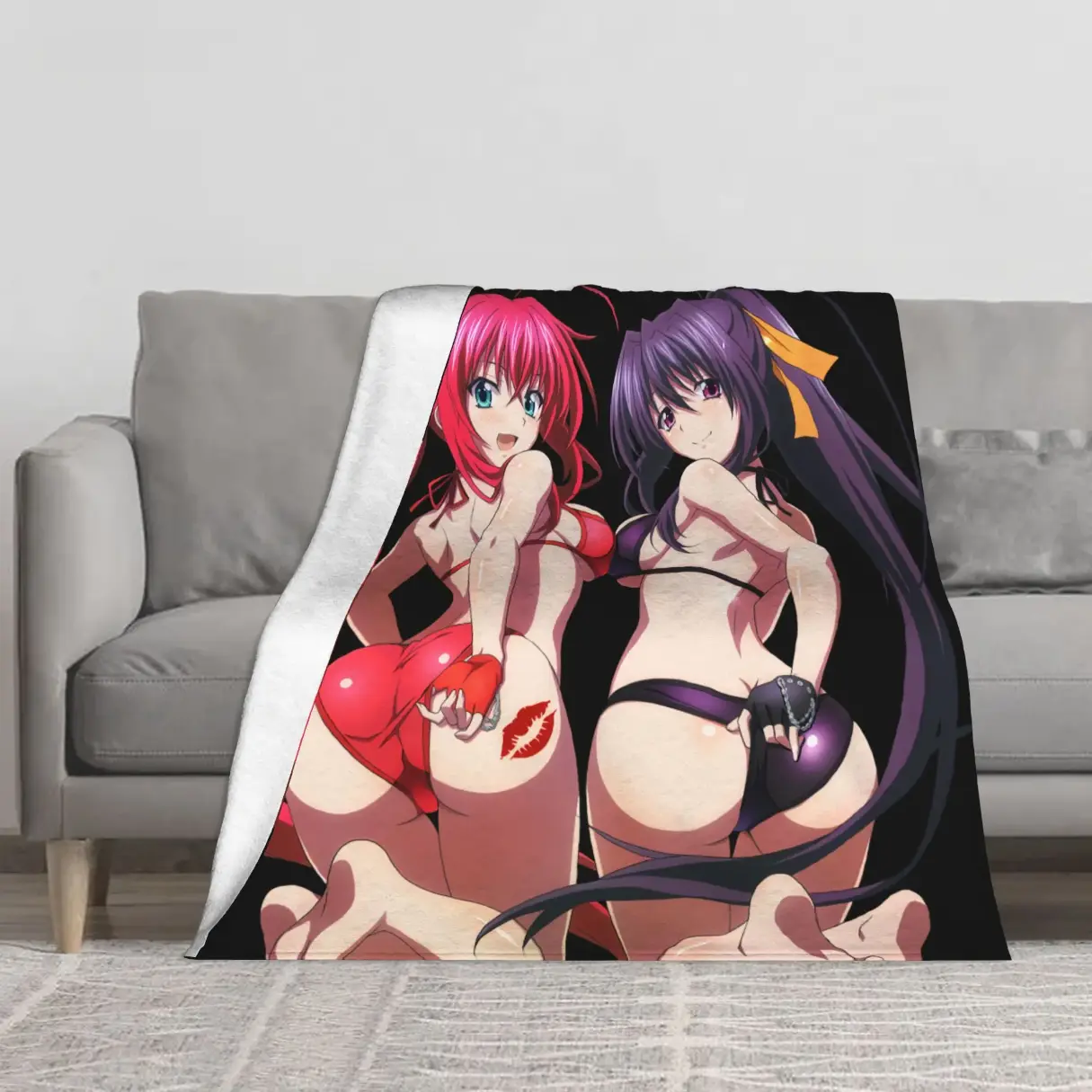 High School DxD Rias Gremory & Akeno Himejima Character Print Polyester Heat Transfer Throw Blanket - Antibacterial, Breathable Cozy, Soft Warm, Lightweight Soft Bedding Throw for Couch, Bed, Anime Fans Gift