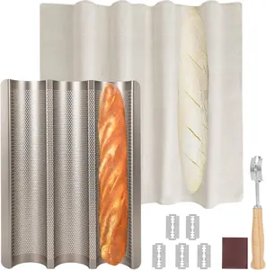 Baguette Bread Pan, Perforated  Bread Baking Pan, Nonstick 3 Loaf Bread Pans for Baking, with Baguette Kit  Includes Proofing Cloth & Dough , 15x11 Inch