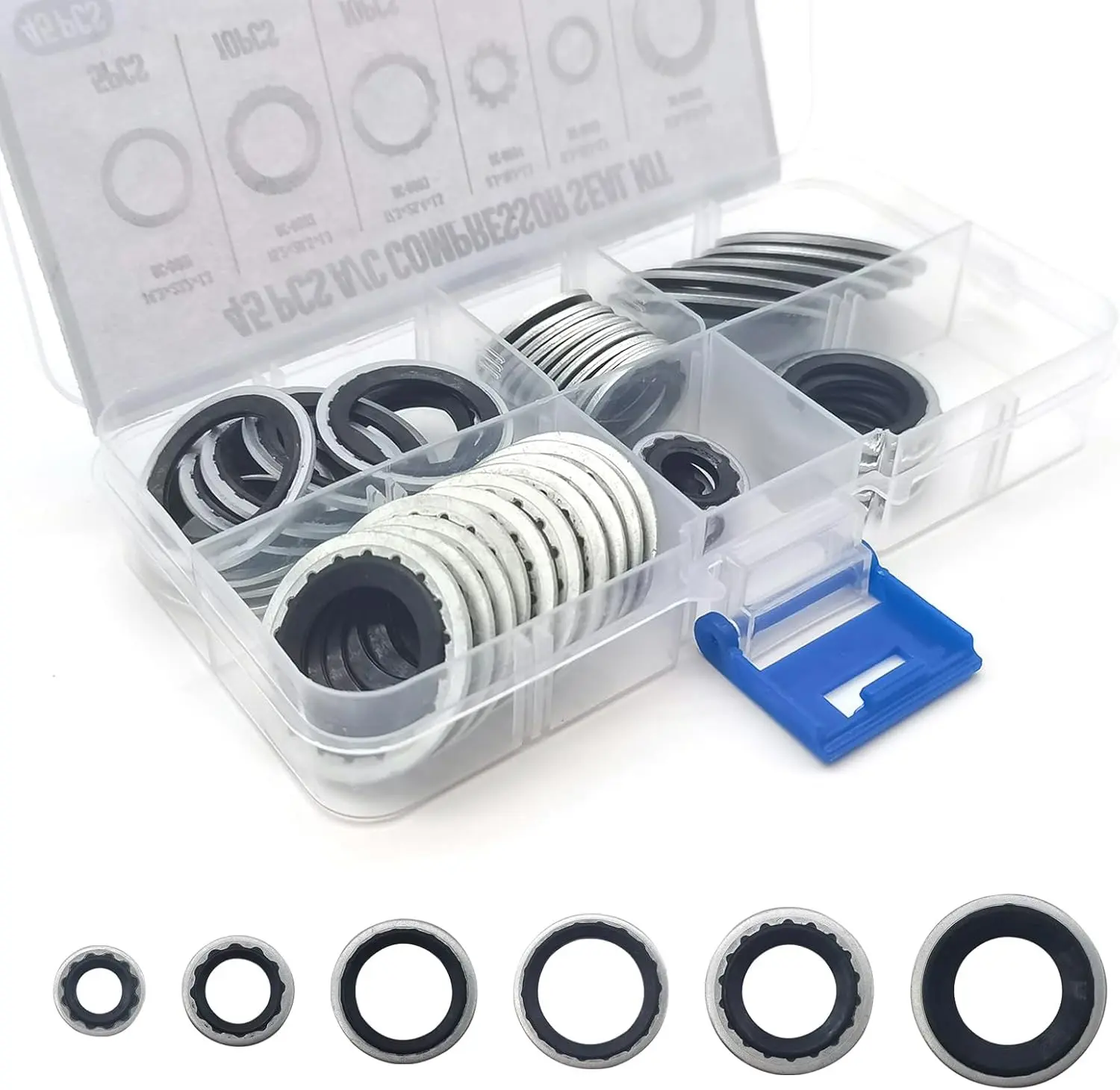 45 PCS Air Conditioner Compressor Port Seal Gasket Kit, Gasket Bonded Seal Assortment, Cooling Pump Sealing Gasket, Universal Automotive Self-Centered Washers (Black)