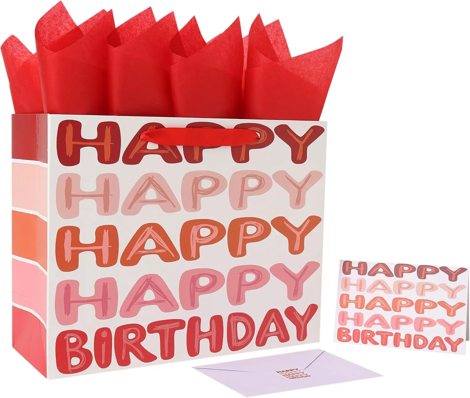 13'' Large Red Happy Birthday  Bag Set with Handles, Greeting Card, Tissue Papers and Stickers for Women Girls  Teens, Words Design, 1 count