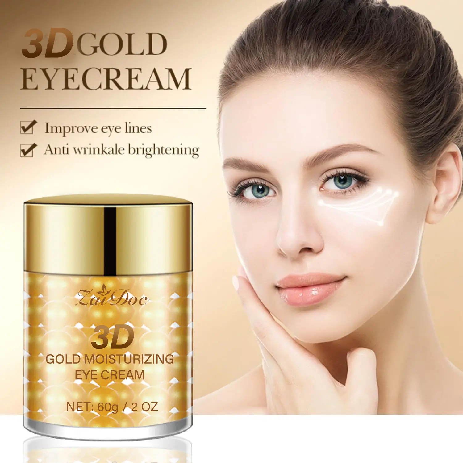 3D Gold Moisturizing Eye Cream for Sensitive Skin - Tightens Eye Area, Reduces Swelling, Brightens Eyes, 2 oz