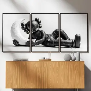 Minimalist Black KawS Moon Wall Art Print, Monochrome Contemporary Vinyl Figure Poster - No Frame