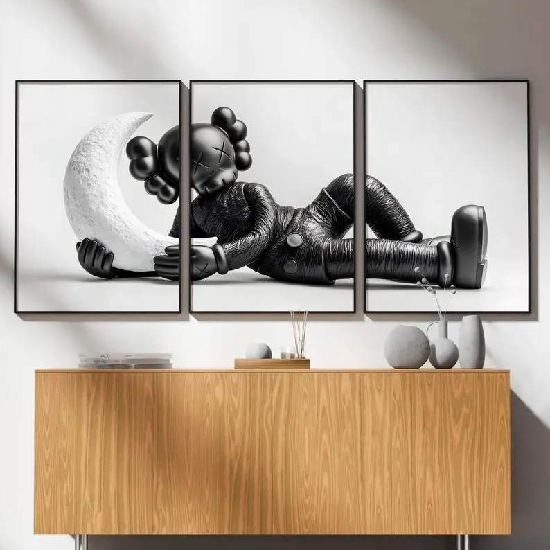 Minimalist Black KawS Moon Wall Art Print, Monochrome Contemporary Vinyl Figure Poster - No Frame