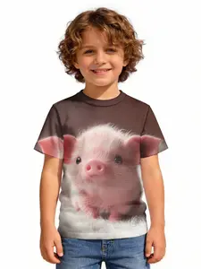 New boys' round neck short sleeve T-shirt, cartoon graffiti street sport pattern print Cute Piglet On Brown Background Comfortable clothing suitable for everyday wear for both boys and girls
