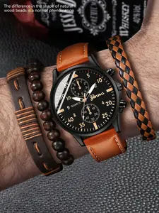 Vintage Men's Watch Set, Three-Hand Quartz Watch + Leather Bracelet, 4-Piece Kit, Forest Style Industrial Accessories, Vintage Fashion Watch