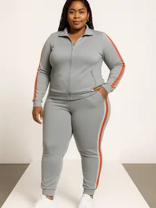 Plus-Size Sweatsuit 2-Piece Activewear Set with Drawstring Waistband & Zipper Closure Pockets Long Sleeve Jacket Side Pockets.