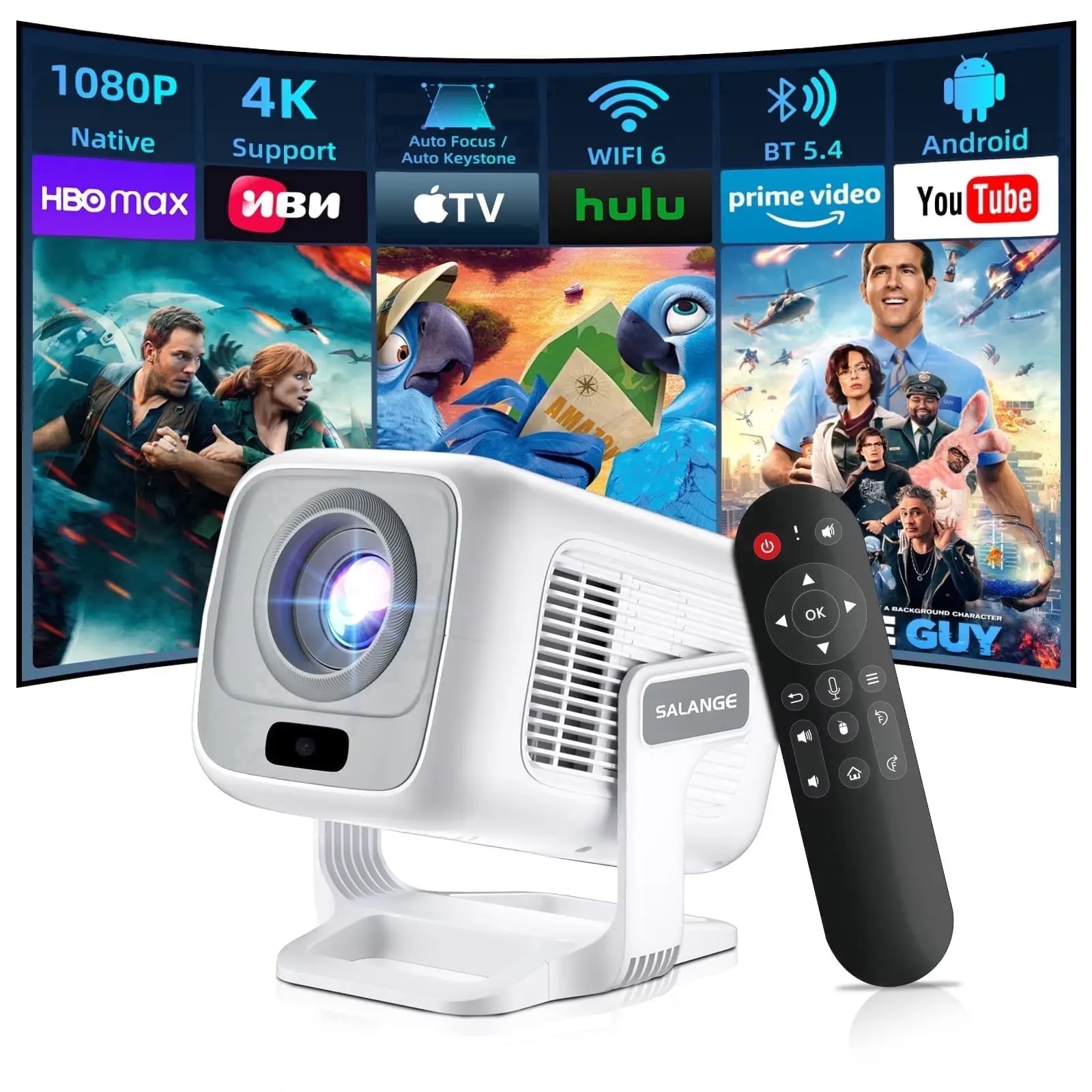 Salange Smart Projector with Wifi and Bluetooth 5.4, 1080P Native Auto Focus Keystone, 4K Supported, Built-In Apps, Short Throw for Home Indoor Outdoor