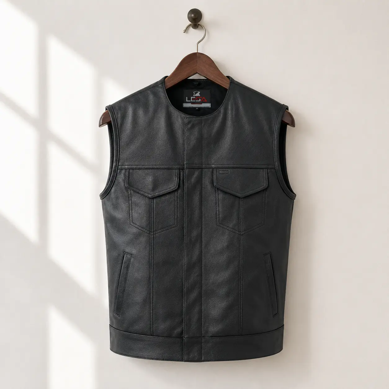 Collarless Men’s Leather Motorcycle Vest – Cowhide Biker Vest with Concealed Carry Pockets, Snap & Zip Closure, 8 Pocket Riding Leather vest for Men