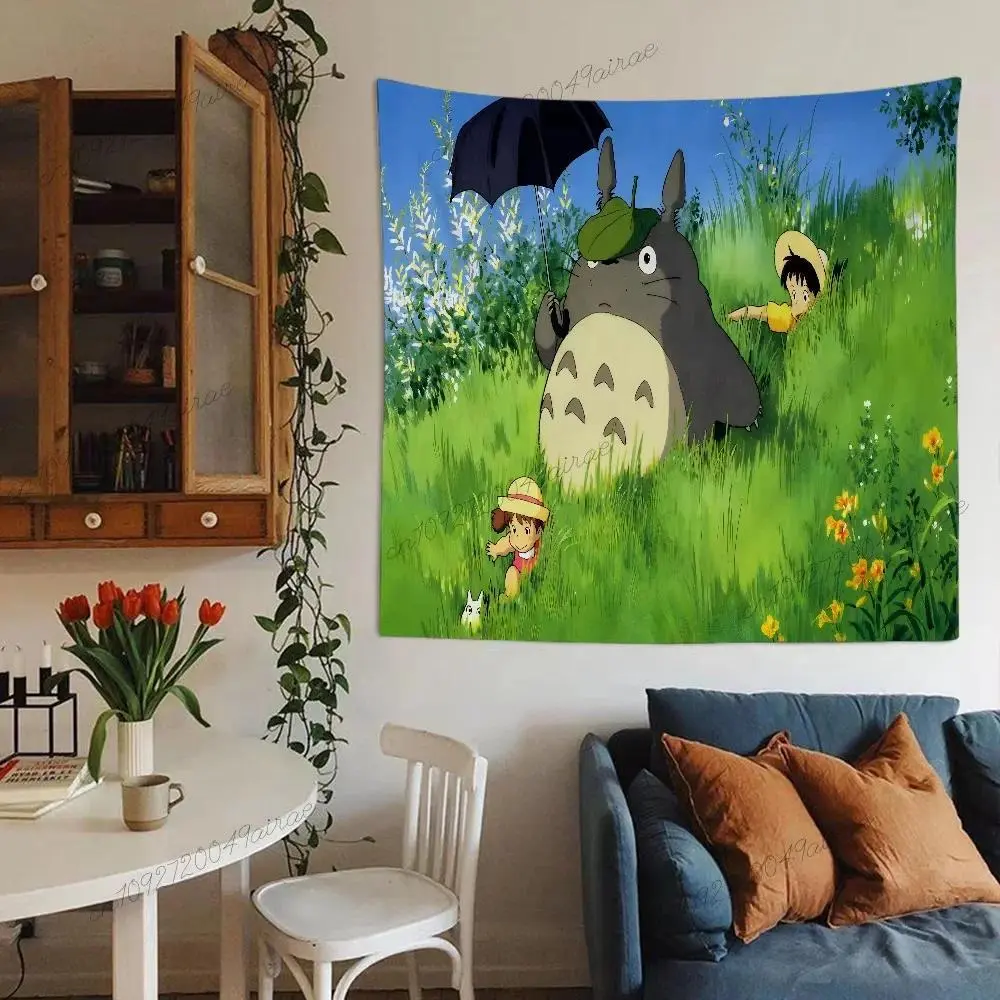 Fantasy Woodland Totoro Tapestry - Cute Anime Spirit Creature Printed Synthetic Wall Decor, Machine Washable Lightweight Polyester Banner for Baby Shower, Graduation Bedroom Aesthetic Background Cloth