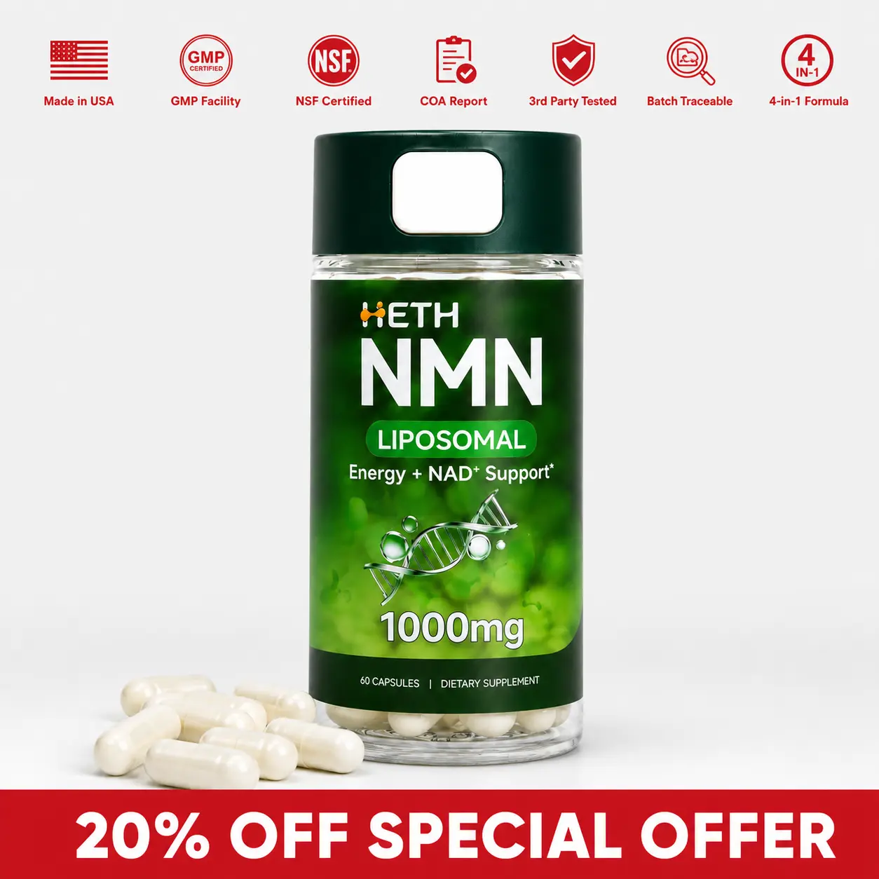 Heth 60-Capsule NMN Formula — 1,000 mg Liposomal NMN per Serving, Plus TMG, Taurine & Resveratrol