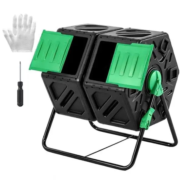 Large Size Dual Chamber Tumbling Composter, 43gal Rotating Bin, Quick Setup Glove-Protected Flip Type Design, Outdoor Compost Bin for Backyard, Garden (Orange)