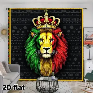 2D 2Pcs Rasta Lion Crown Curtain Panels, Home Decoration Curtain, Jamaican Reggae Color Design, Pole Pocket Style, Semi Sunshade Polyester, Black Background with African Tribal Pattern, Home Window Treatment, Privacy Protection, Easy Care