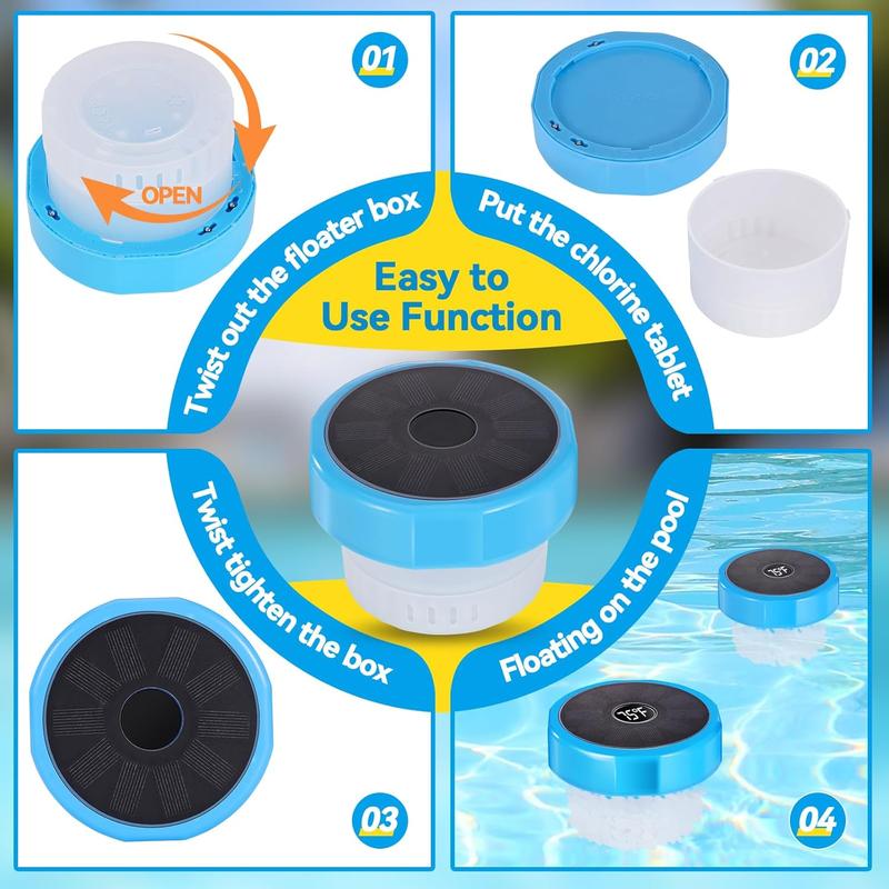 Pool Chlorine Floater with Temperature Display, Floating Chlorine Dispenser Fit for 1" and 3" Tablets Solar Charging,Anti-Sinking Dispenser for Pond Spa Hot Tub Floating Opening Blue