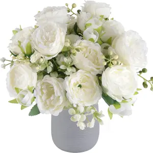 4 Bundles Artificial Peonies Silk Flowers White Faux Peony Bouquet Farmhouse Boho Wedding Table Centerpiece Fake Plastic Flowers Bulk Vase Decoration