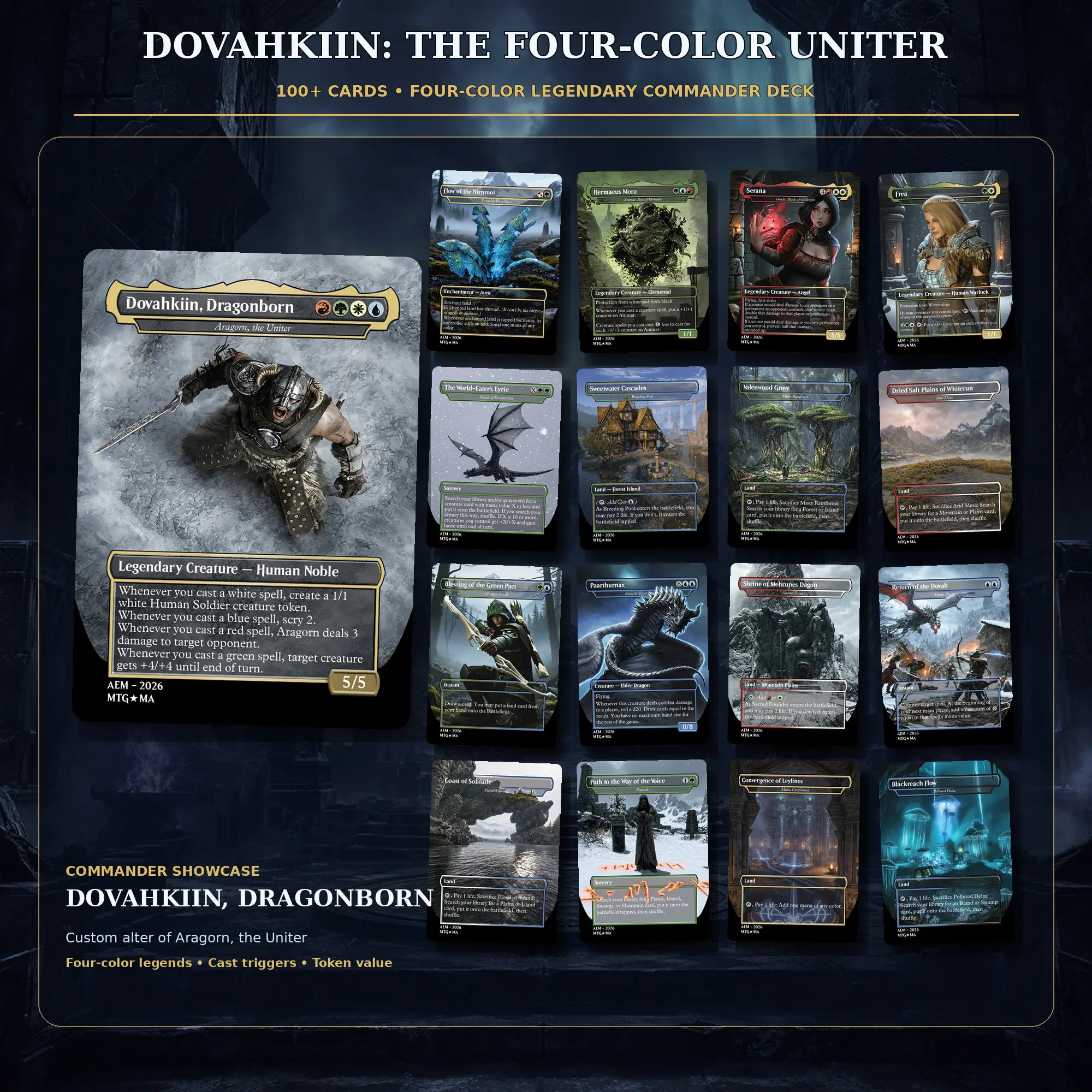 Skyrim-Inspired Dovahkiin Four-Color Uniter Complete Commander Deck – 100+ Cards, Legendary Cast Triggers, Token Value, Dragons & Fan-Made Custom Art EDH Set