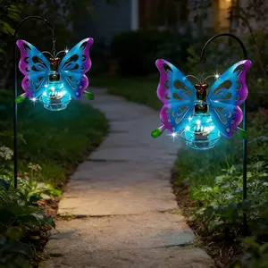 2 Pack Solar Butterfly Hanging Lanterns, Blue Metal Outdoor Garden Lights for Patio Yard Porch Tree Branch Decor