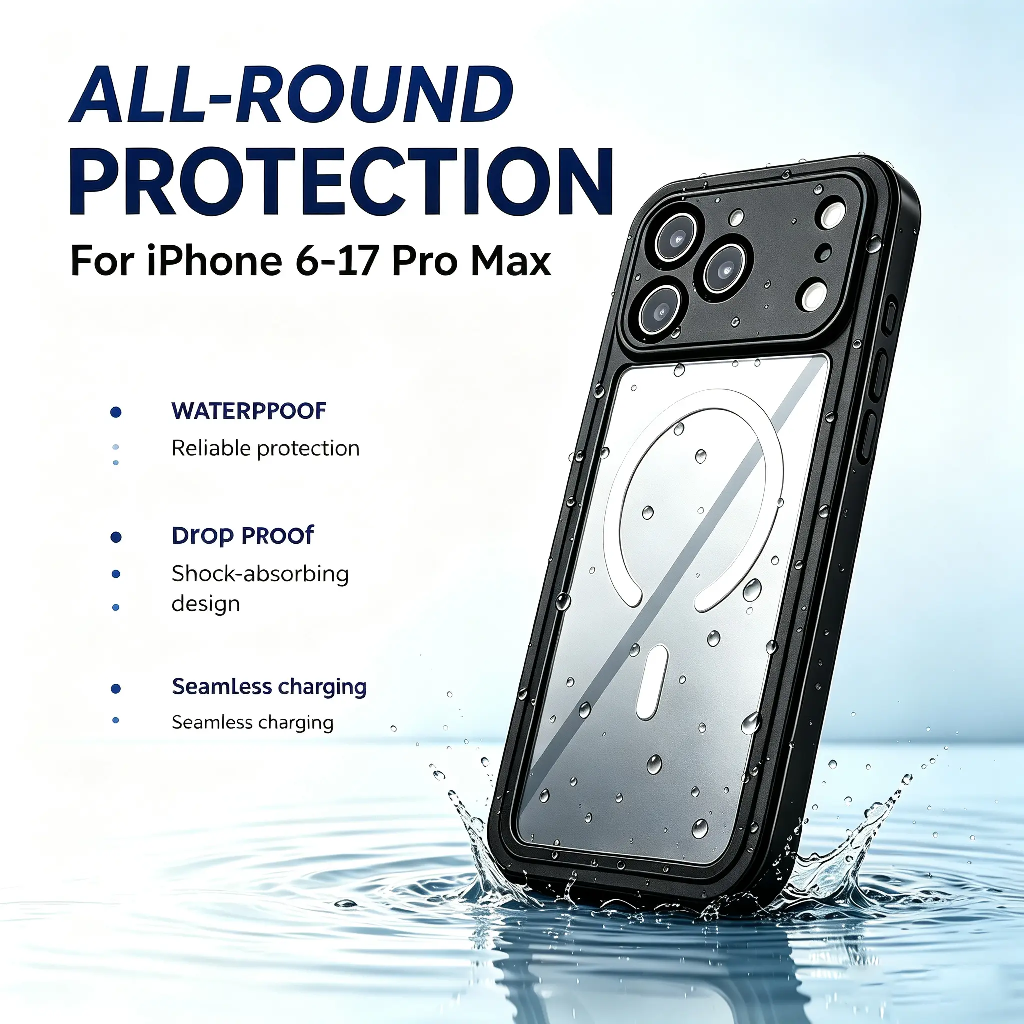 Heavy Duty Waterproof Phone Case for iPhone 17 16 15 14 Pro Max, MagSafe Magnetic Charging, 360° Full Body Military Grade Shockproof, Lens Protector, Outdoor Back to School Beach, Fit iPhone 6-17 Series, Transparent TPU,Back to School Phone Case