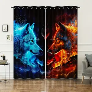 2PCS Ice Fire Wolf Fashion Print Iron Buckle Multifunctional Curtains Suitable for Bedroom Kitchen Living Room