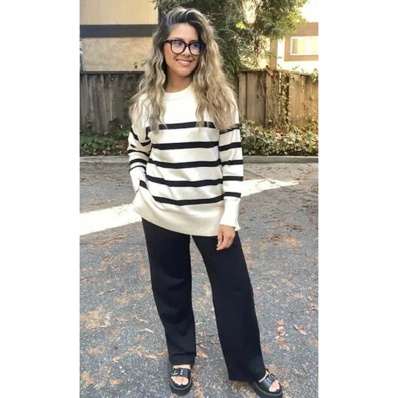 Stripe Oversized Crew Side Split Sweater