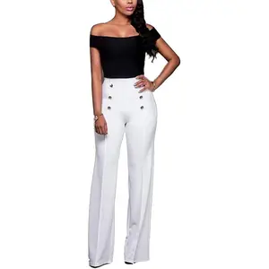Women's Stretchy High Waisted Wide Leg Button-Down Pants Sailor Bell Flare Trousers