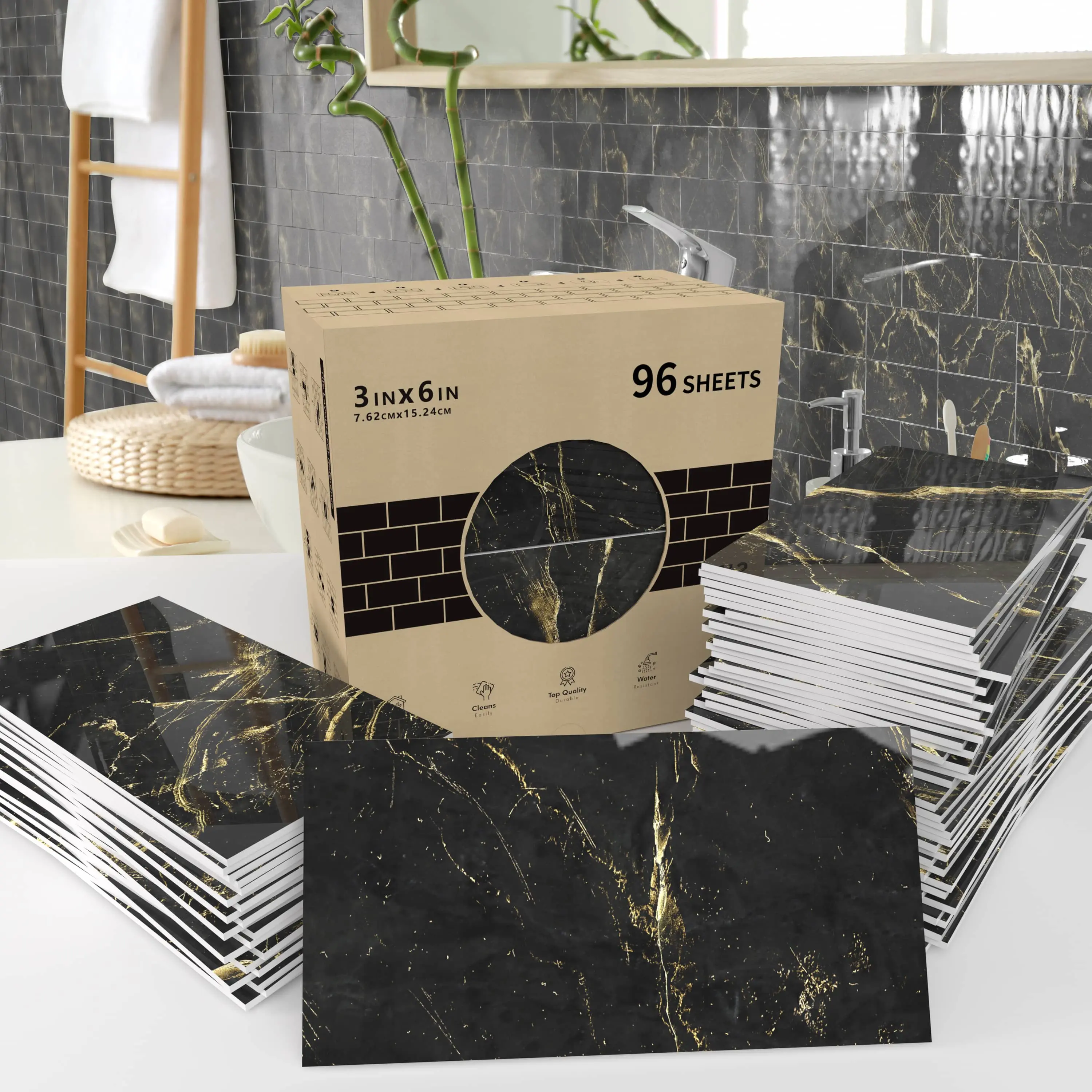 Decorative Black Marble with Gold Threads Textured Self-Adhesive Tiles Sticker Pack, 3x6in Peel Wallpaper, Tool-Free Peel-and-Stick, Waterproof, Stain-Resistant, Easy to Clean, 2D Flat Textured Surface Wallpaper for Kitchens Bathrooms, 96 Sheets, Modern