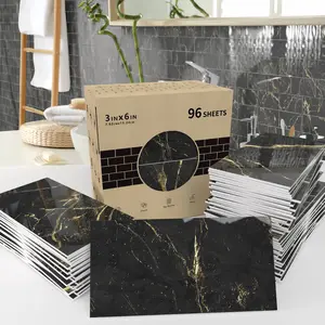 Black Marble with Gold Threads Texture Self-Adhesive Wall Stickers 3x6inch Tool-Free Peel-and-Stick Waterproof Stain-Resistant Easy to Clean 2D Flat Texture for Kitchens Bathrooms 96 Sheets