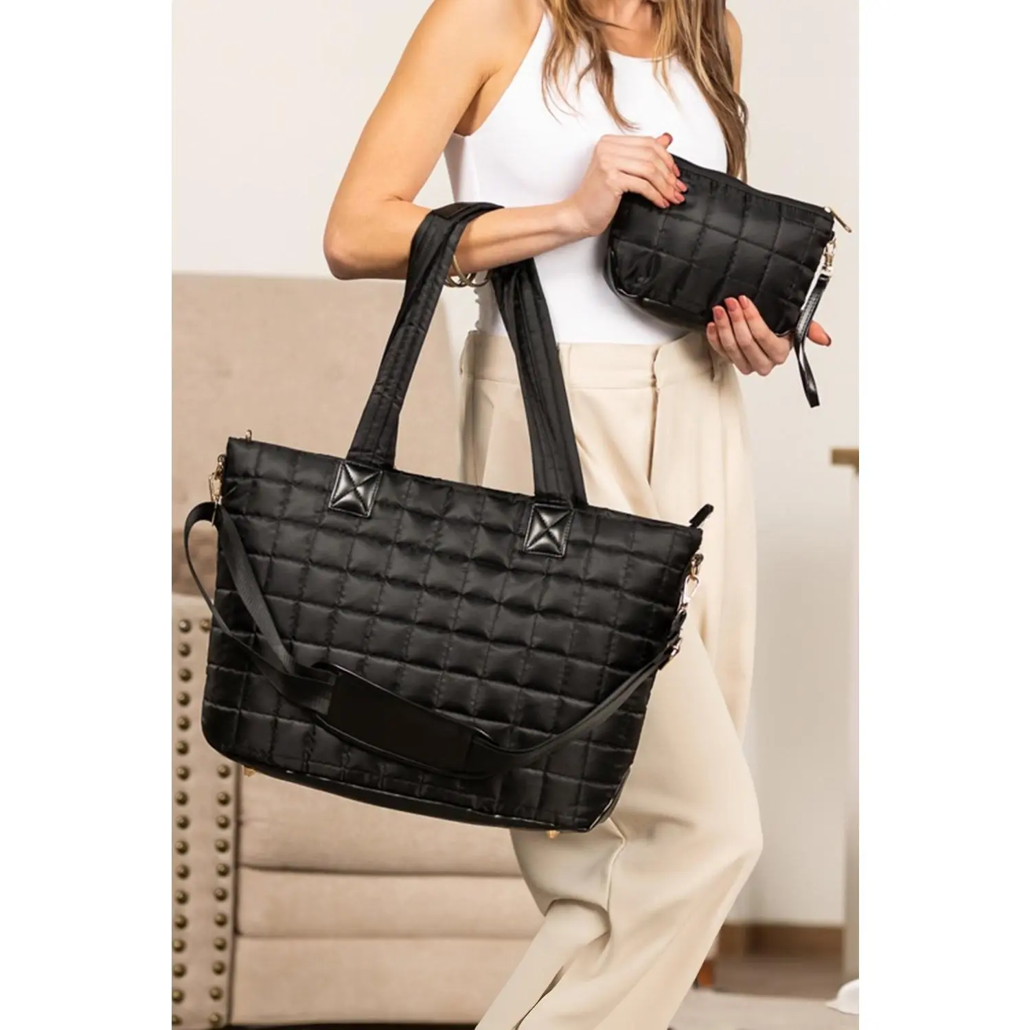 White Quilted Patchwork Large Tote Bag and Clutch 2pcs Set Women's Cowhide handbag purse