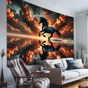 1pc Galloping Black Horse Tapestry - Vibrant Polyester Photography Backdrop for Parties, Studio Props, and Events, Dramatic Running Horse Design with Fiery Sky Reflection, Indoor & Outdoor Decoration, Party Backdrop | Dynamic Animal Motif Size