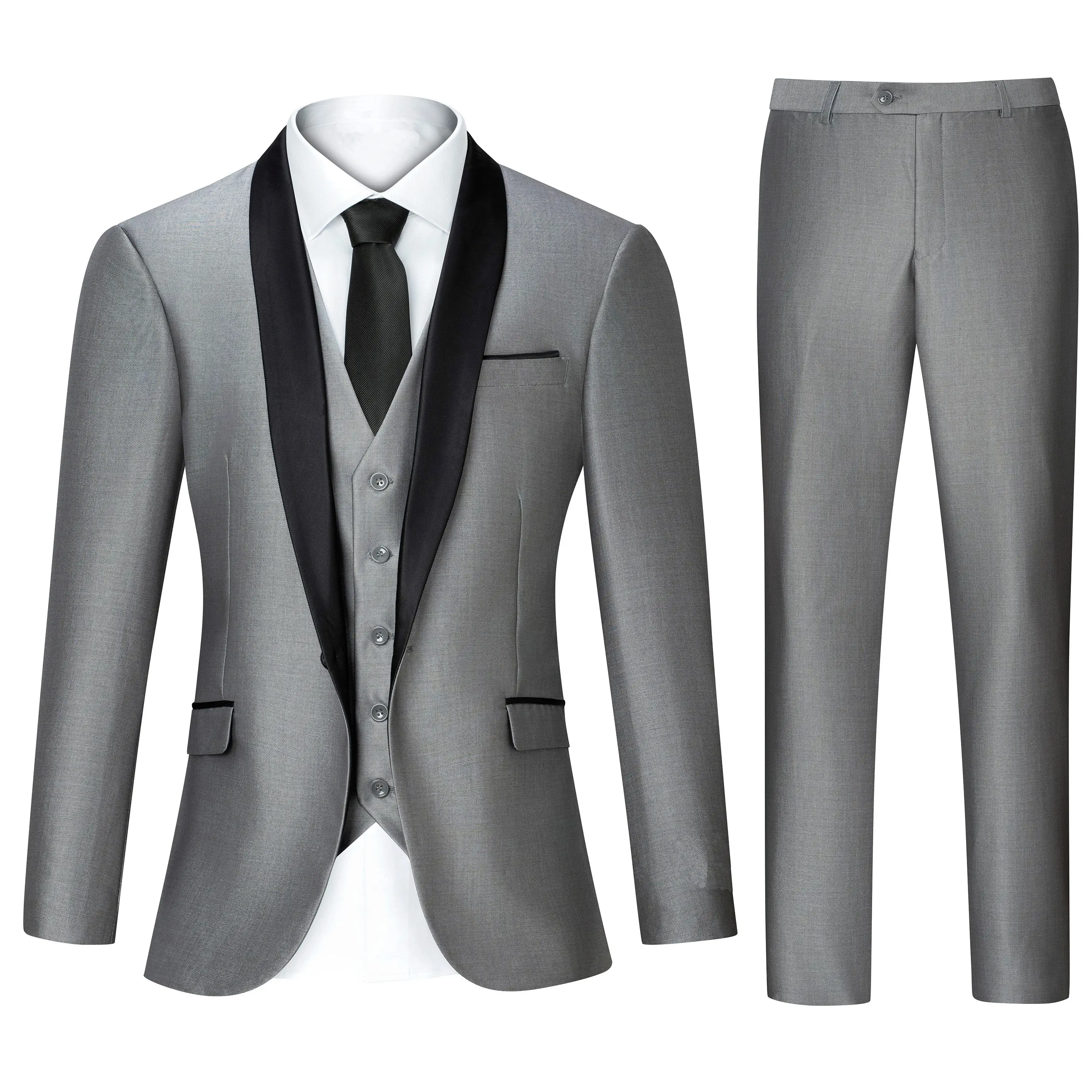 TweedLad Men's Slim Fit Plain Black 3-Piece Polyester Suit Set - 1-Button Longsleeves Jacket, Deep V-Neck Vest, Fitted Trouser for Business, Formal Event