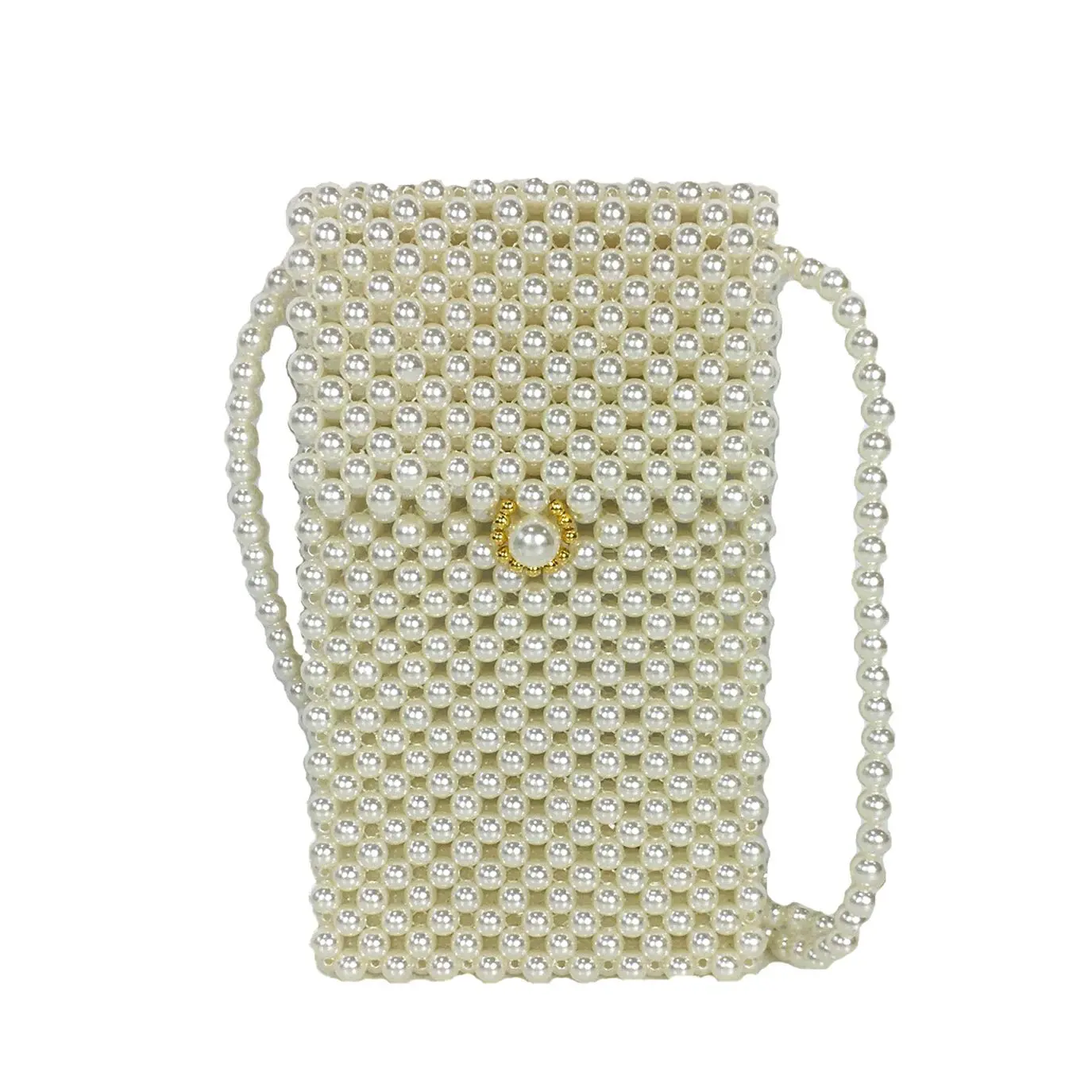 Women's Cream Beadwork Crossbody Phone Bag - Adjustable Strap, Phone Size, Party-Ready Casual Chic Simulated Pearl Purse