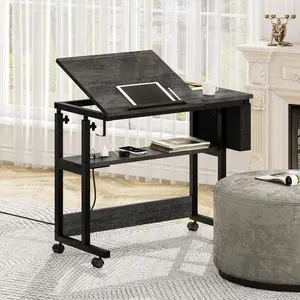DWVO Height Adjustable Standing Desk with Charging Station, Portable Table with Wheels, Small Standing Rolling Computer Desk with Tiltable Tabletop and Storage Bag