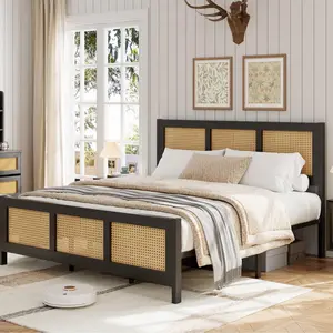 Black Rattan Full Bed Frame with Headboard, Boho Platform Bed Frame, Wicker Headboard Bed with Strong Metal Slats, No Box Spring Needed, Noise Free, Underbed Storage